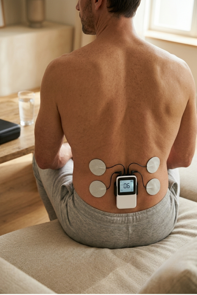 TENS unit electrode pads applied to lower back for pain relief – compact electrotherapy device with LCD display showing intensity level, used at home for back pain treatment in 2026